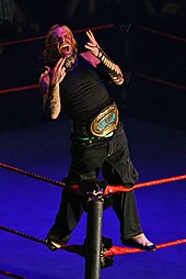 Jeff Hardy faced Randy Orton for the WWE Championship at the Royal Rumble. Jeff-Hardy-IC-Champ,-Entrance,-RLA-Melb-10.11.2007 filtered.jpg