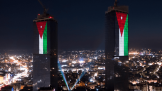 Jordan Gate lit with Jordanian flag, May 2022