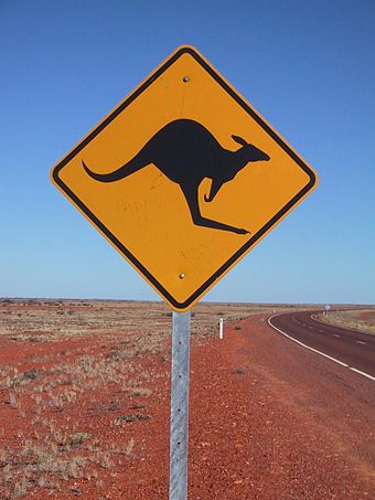 A "kangaroo crossing" sign on an Australian highway