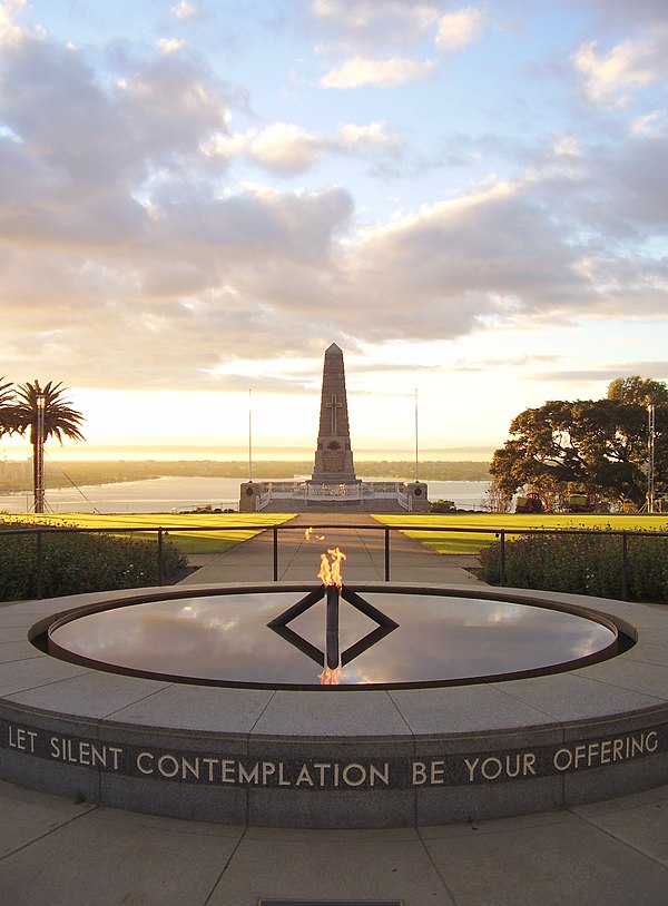 Eternal flame, with State War Memorial (behind)