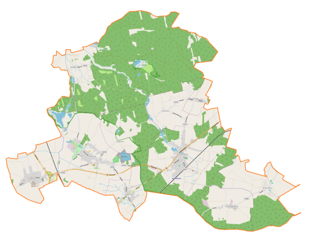 Mapa konturowa gminy Kochanowice, na dole po lewej znajduje się punkt z opisem „Kościół Wniebowzięcia Najświętszej Marii Panny w Lubecku”