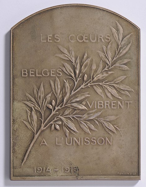 File:Les Coeurs Belges Vibrent à l'Unisson 1914-1915, plaquette by Pierre Theunis, Belgium, 1915, Coins and Medals Department of the Royal Library of Belgium, 2Lef 24 - 70 (verso).jpg