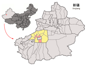 Aksus beliggenhed i Aksu, Xinjiang, Kina.