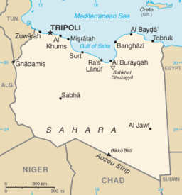 Libyenkarta med al-Bayda utmärkt (i öster)