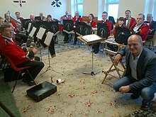 Magheramorne Silver Band with BBC's Ralph McLean MSB BBC 2012 Recording.jpg