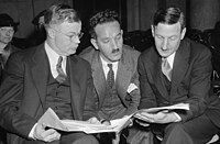 Nathan Witt (center) with NLRB Chair J. Warren Madden (left) and NLRB Chief Counsel Charles Fahy (right) (1937)