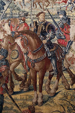 Manifattura fiamminga su dis. di bernard van orley, arazzo con battaglia di pavia e cattura del re di francia, 1528-31 (capodimonte) 05 cavalli.jpg
