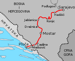 Schéma tratě na mapě Bosny a Hercegoviny a Chorvatska