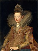 Frans Pourbus d. J.: Margarita Gonzaga, zukünftige Herzogin von Lothringen, 1606. Diadem mit Perlen und Blumen aus Email.