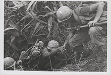 White soldier helps black soldier climb ravine. Marines Climb Steep Ravine, 1968.jpg