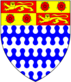 Arms of Merchant Adventurers Company of London: Barry nebulée of six argent and azure, a chief quarterly gules and or on the first and fourth quarters a lion passant guardant of the fourth on the second and third two roses gules barbed vert