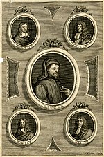 1717 engraving; Geoffrey Chaucer (centre), surrounded by Waller, Samuel Butler, John Milton and Abraham Cowley