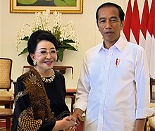 The CEO of Puteri Indonesia Org., The Royal Highest Princess Mooryati Soedibyo of Surakarta Sunanate, with President Joko Widodo in Bogor Presidential Palace. Mooryati Soedibyo with Joko Widodo.jpg