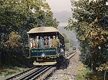 The Rowland Thomas funicular car ascends Mount Tom, as the Elizur Holyoke makes its descent in the background, c. 1912