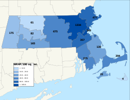 Distribution of listings by county as of September 2014 NRHP Massachusetts Map.svg