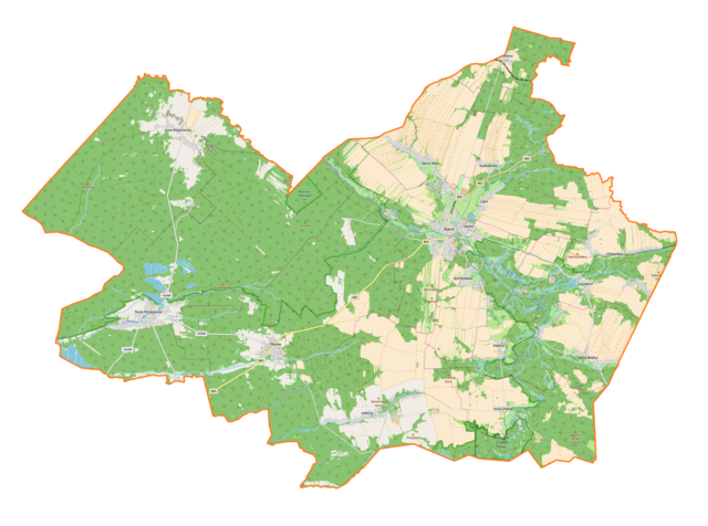 Mapa konturowa gminy Narol, blisko centrum na prawo znajduje się punkt z opisem „Narol”