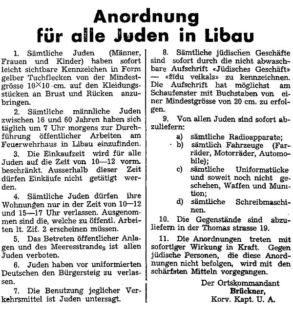 Anti-Jewish measures ordered by the German naval commander in Liepāja, 5 July 1941