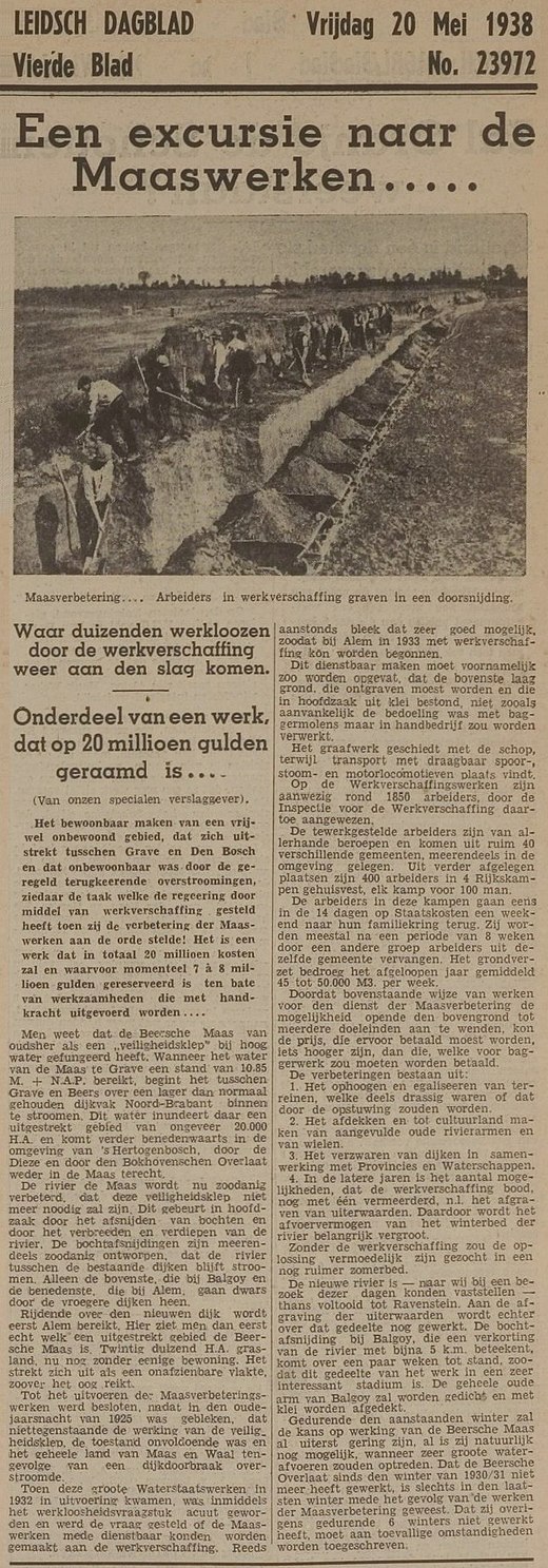 Artikel uit het Leidsch Dagblad van 20 mei 1938 over de kanalisering van de Maas en de tewerkstelling van 1850 werklozen daarbij, die deels in Rijkswerkkampen waren gehuisvest. Aanklikken voor een leesbaar artikel