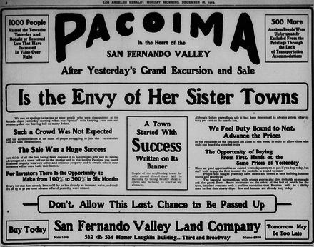 Newspaper advertisement for Pacoima lots, 1905