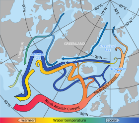 Северо-Атлантическое течение (красное) и Норвежское течение (оранжевое)