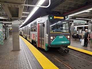 Northbound Green Line train at Park Street station (2), July 2021.jpg