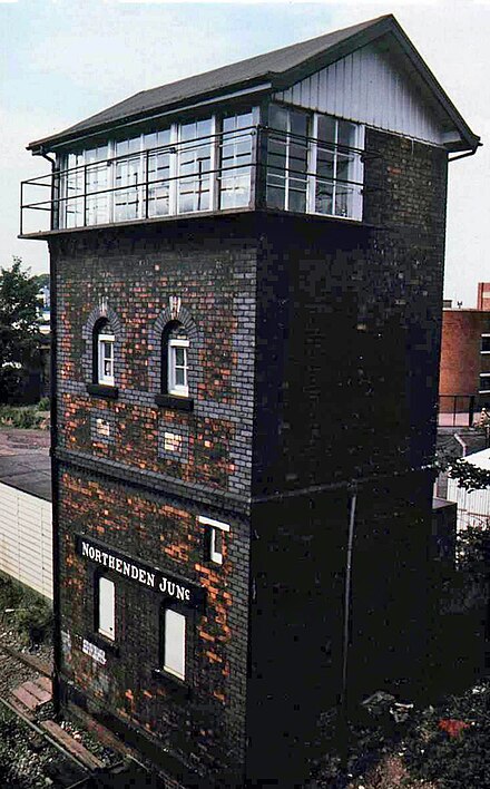 Northenden Junction signal box in 1979 taken from Longley Lane over-bridge
