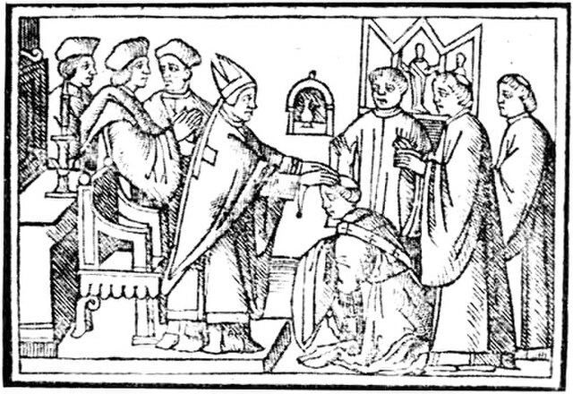Ordination of a Catholic deacon, 1520 AD: the bishop bestows vestments.