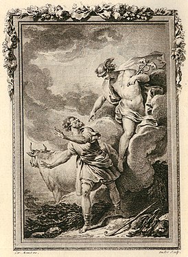 «Гермес превращает Батта в камень». Гравюра Антуана-Жана Дюкло[fr] 1767 года к «Метаморфозам» Овидия