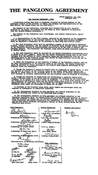 <span class="mw-page-title-main">Panglong Agreement</span> 1947 agreement in Burma