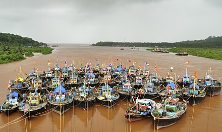 Fishing boats parked in the Anjarle creek for the monsoon season. Fishing in the coastal areas is not possible now due to the harsh weather conditions.