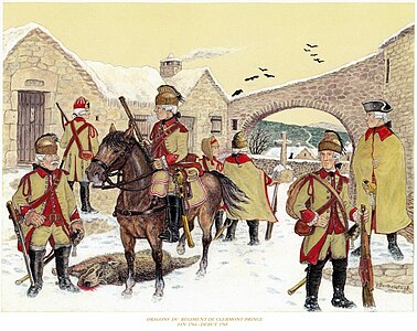 Le capitaine Duhamel et six hommes du régiment de troupes légères de Clermont-Prince dans la cour d'une ferme où ils bivouaquent durant l'hiver (fin 1764 - début 1765). Vue d'artiste de Patrick Berthelot[25],[26].
