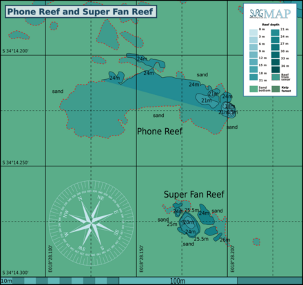 Map of the dive sites at Phone Reef and Super Fan Reef