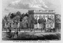 Engraving of the mansion in 1862. Photocopy of wood-engraving by Van Vleck and Keith from a photograph by Shireff of Higgins' Daguerrian Rooms, Sacramento, with figures, etc. touched up by Nahl and Brothers. HABS CAL,34-SAC,9-1 (cropped).tif