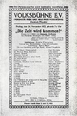 Programme sheet for Piscator's 1922 production of Rolland's drama The Time Will Come (1903), at the Central-Theater in Berlin.