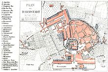Ältester Stadtplan Darmstadts von ca. 1759 von (Kaspar Ludwig) Bettenhäuser. (Beachte: Hier ist Osten oben.)