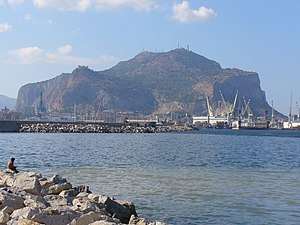 Palermo Harbor with Mount Pellegrino. Castello Utveggio is on the left promontory.
