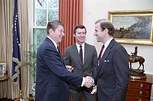 Biden shaking hands with President Ronald Reagan, 1984 President Ronald Reagan meeting with Senators Joe Biden and William Cohen.jpg
