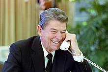 Thatcher developed a productive and active relationship with US president Ronald Reagan (pictured on the telephone with her in 1987) President Ronald Reagan talking on the telephone with Prime Minister Margaret Thatcher of the United Kingdom in the Oval Office.jpg