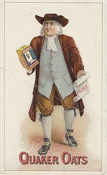 The Quaker Company was one of the earliest to use a character on its packaging, branding, and advertising. Pictured: The Quaker Man, c. 1900 Quaker Oats (3092914571).jpg