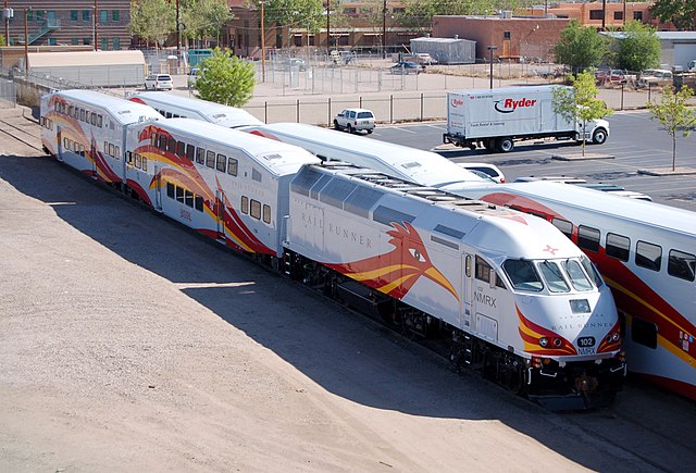 New Mexico Rail Runner commuter trains in the yard across from Alvarado Transportation Center in April 2006