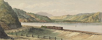 Engraving of a locomotive and carriages moving along the side of the Wellington Harbour toward the Hutt Valley, c.1875 Railway train and carriages moving along the side of the Wellington Harbour toward the Hutt Valley, c.1875.jpg