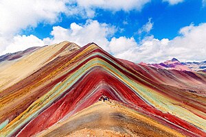 The Colored stripes of Mt. Vinicunca, Peru, known in English as the "Rainbow Mountain"