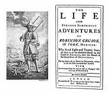 Titola paĝo kaj frontispico de la unua angla eldono de Robinson Crusoe (London: W. Taylor, 1719)