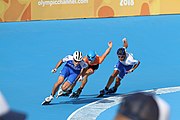 Deutsch: Badminton bei den Olympischen Jugendspielen 2018; Tag 2, 8. Oktober 2018; Halbfinale Jungen Lauf 1 English: Roller speed skating at the 2018 Summer Youth Olympics; day 2, 8 October 2018 – Boys Semifinals run 1