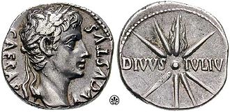A denarius minted c. 18 BC. Obverse: CAESAR AVGVSTVS; reverse: comet of eight rays with tail upward; DIVVS IVLIV[S] (DIVINE JULIUS). S0484.4.jpg