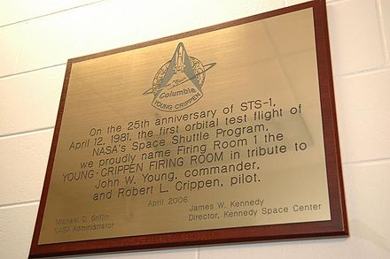 The plaque of the Young-Crippen Firing Room in the Launch Control Center at Kennedy Space Center.