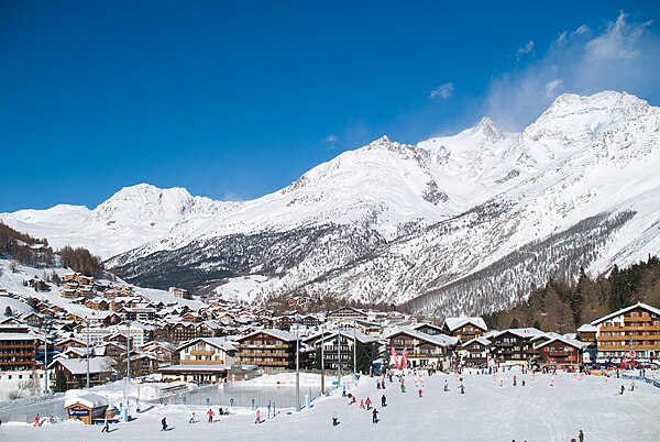 Saas-Fee as seen from the bottom of the slopes