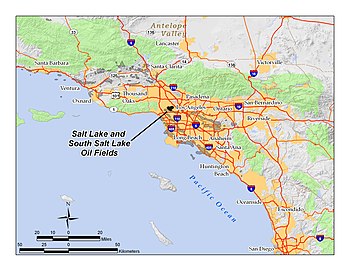 Location of the Salt Lake Oil Field in the context of the Los Angeles Basin and Southern California. Other oil fields are shown in gray. SaltLakeOilField.jpg