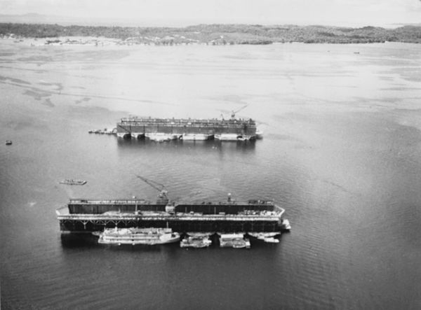 ABSD-4 background in Seeadler Harbor with ABSD-2 (foreground) in September 1945