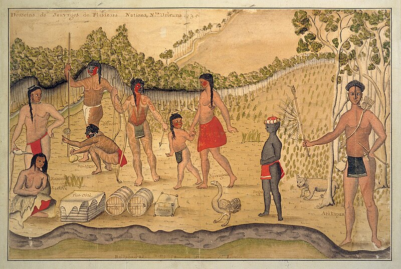 File:Sketches of 8 Native Americans and 1 African in New Orleans 1735 by Alexandre de Batz.jpg